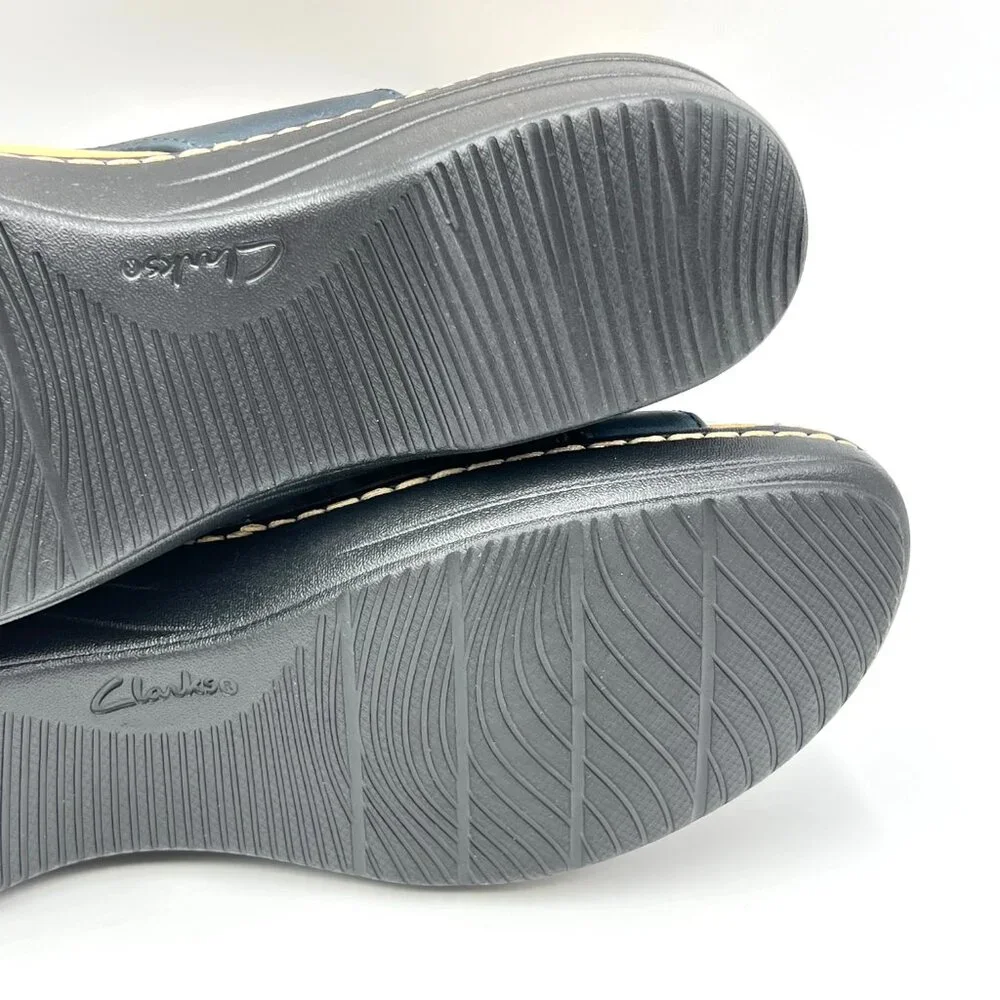Clarks‎ Womens Size 12 Merliah Echo Navy Blue Leather Low Wedges Sandals Shoes